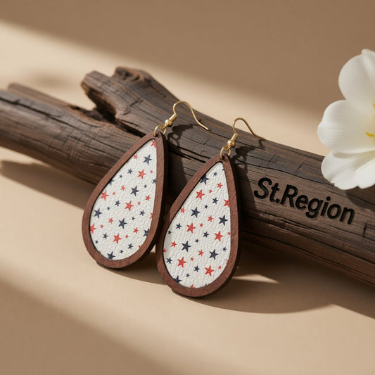 White Polystyrene and Wood 18K Gold-Plated Star Drop Earrings, gold drop earrings for women, everyday style, front view