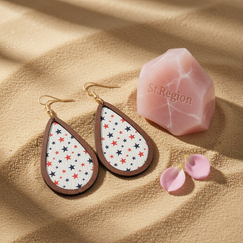 White Polystyrene and Wood 18K Gold-Plated Star Drop Earrings, gold drop earrings for women, everyday style, detail close-up