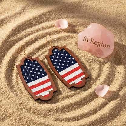 Red Multicolor Polystyrene and Wood American Flag Oval Drop Earrings, drop earrings for women, detail close-up