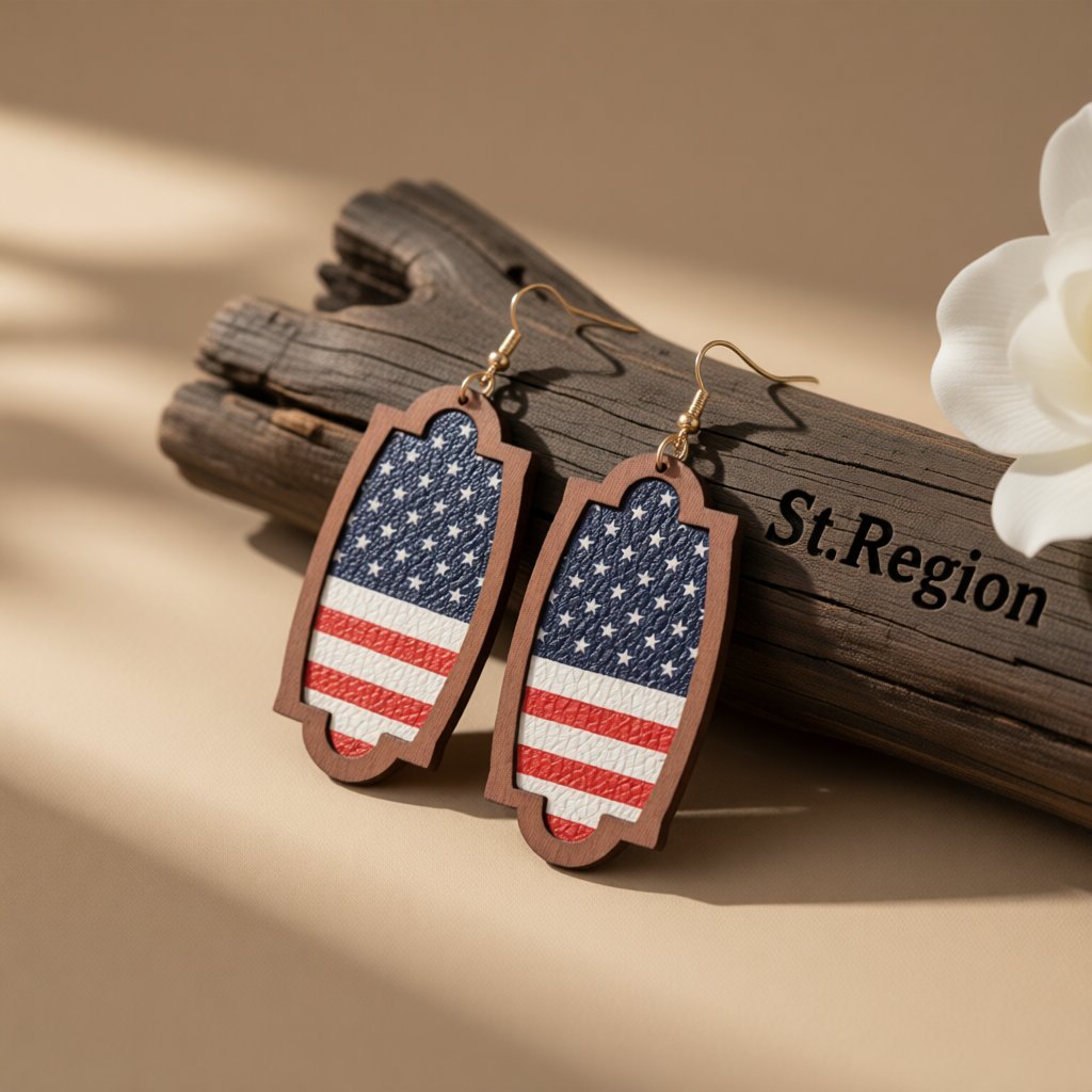 Red Multicolor Polystyrene and Wood American Flag Oval Drop Earrings, drop earrings for women, front view