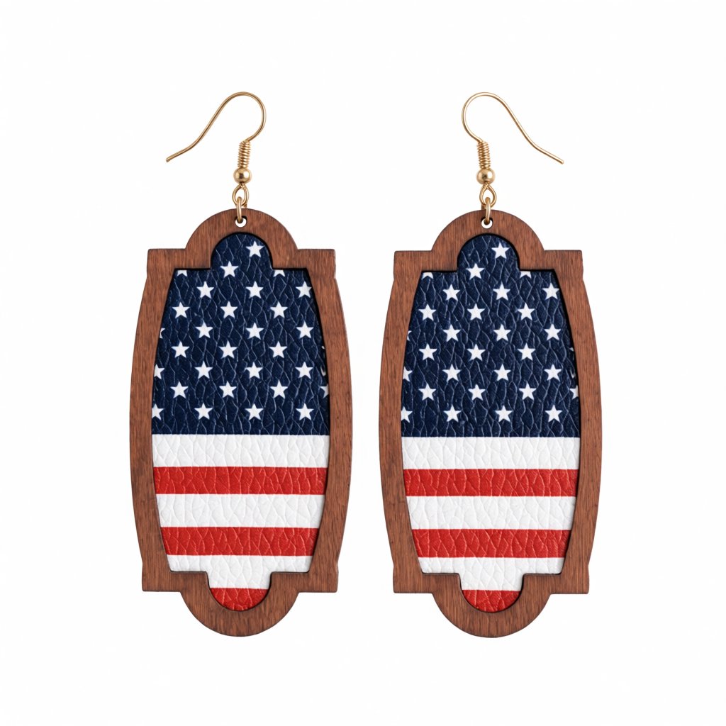 Red Multicolor Polystyrene and Wood American Flag Oval Drop Earrings, drop earrings for women, side view