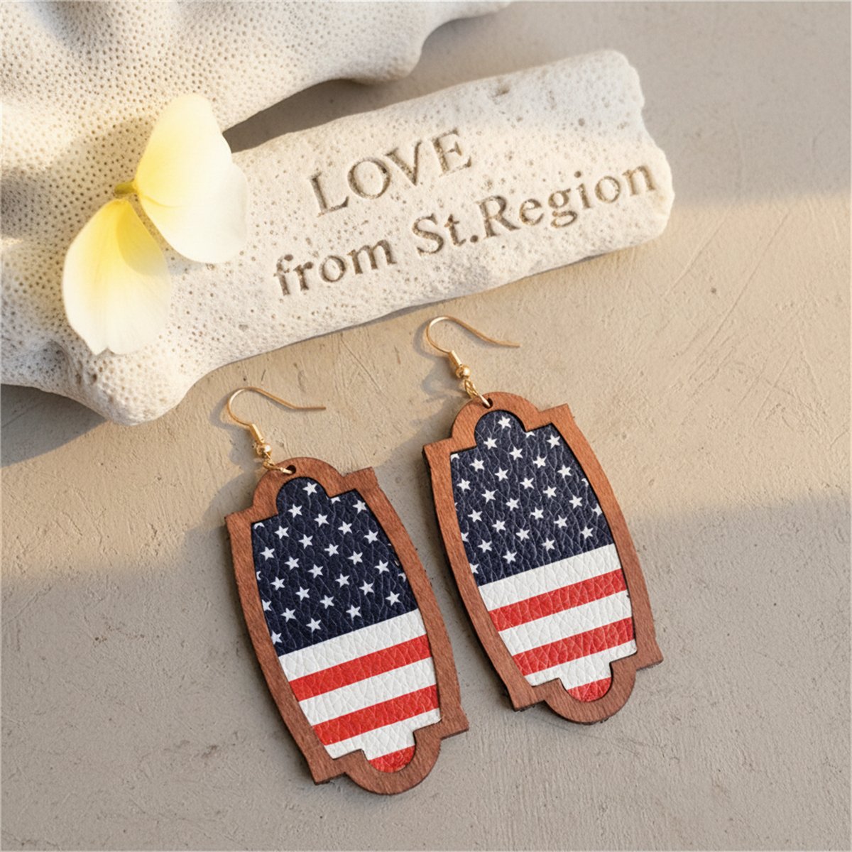 Red Multicolor Polystyrene and Wood American Flag Oval Drop Earrings, drop earrings for women, lifestyle look