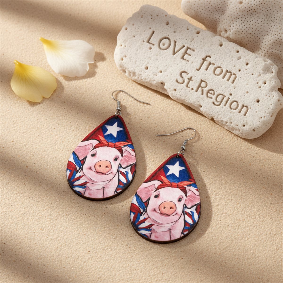 Pink Multicolor Wood and Silver-Plated Pig Drop Earrings, silver drop earrings for women, lifestyle look