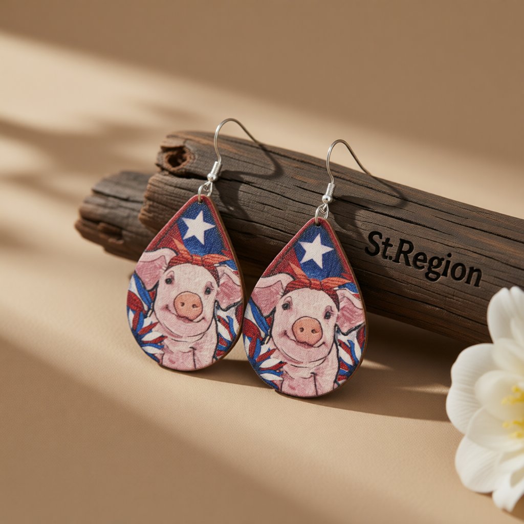 Pink Multicolor Wood and Silver-Plated Pig Drop Earrings, silver drop earrings for women, elegant gift for her, front view