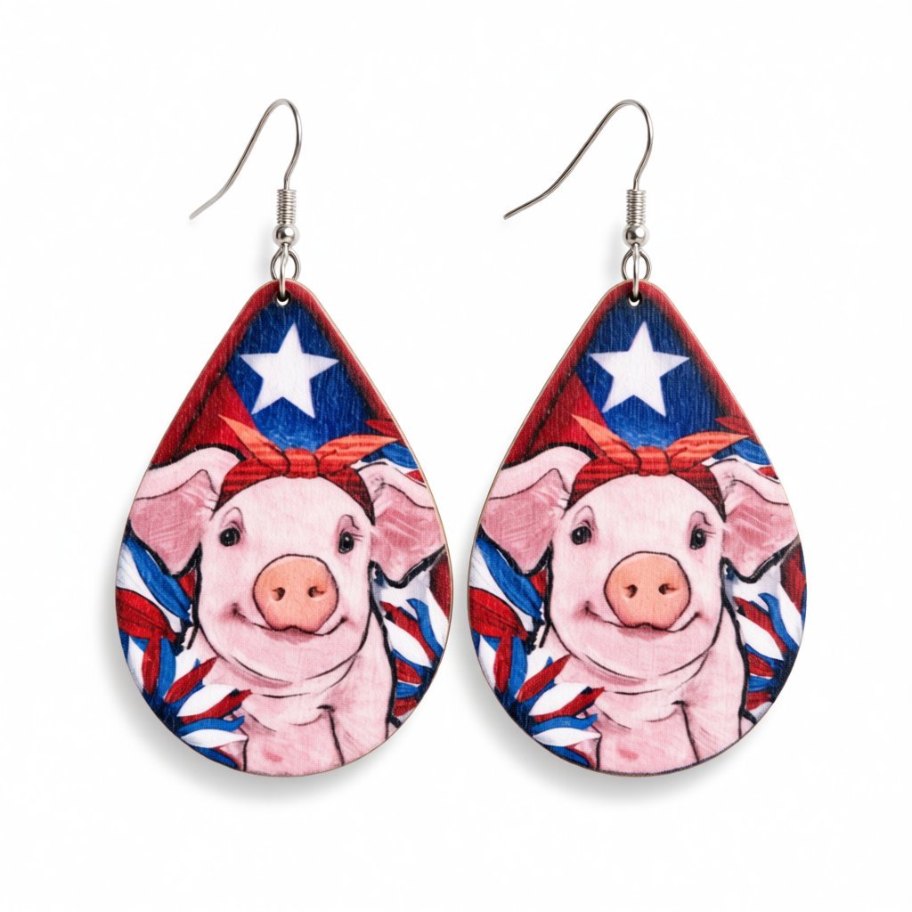 Pink Multicolor Wood and Silver-Plated Pig Drop Earrings, silver drop earrings for women, elegant gift for her, side view