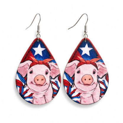 Pink Multicolor Wood and Silver-Plated Pig Drop Earrings, silver drop earrings for women, elegant gift for her, side view