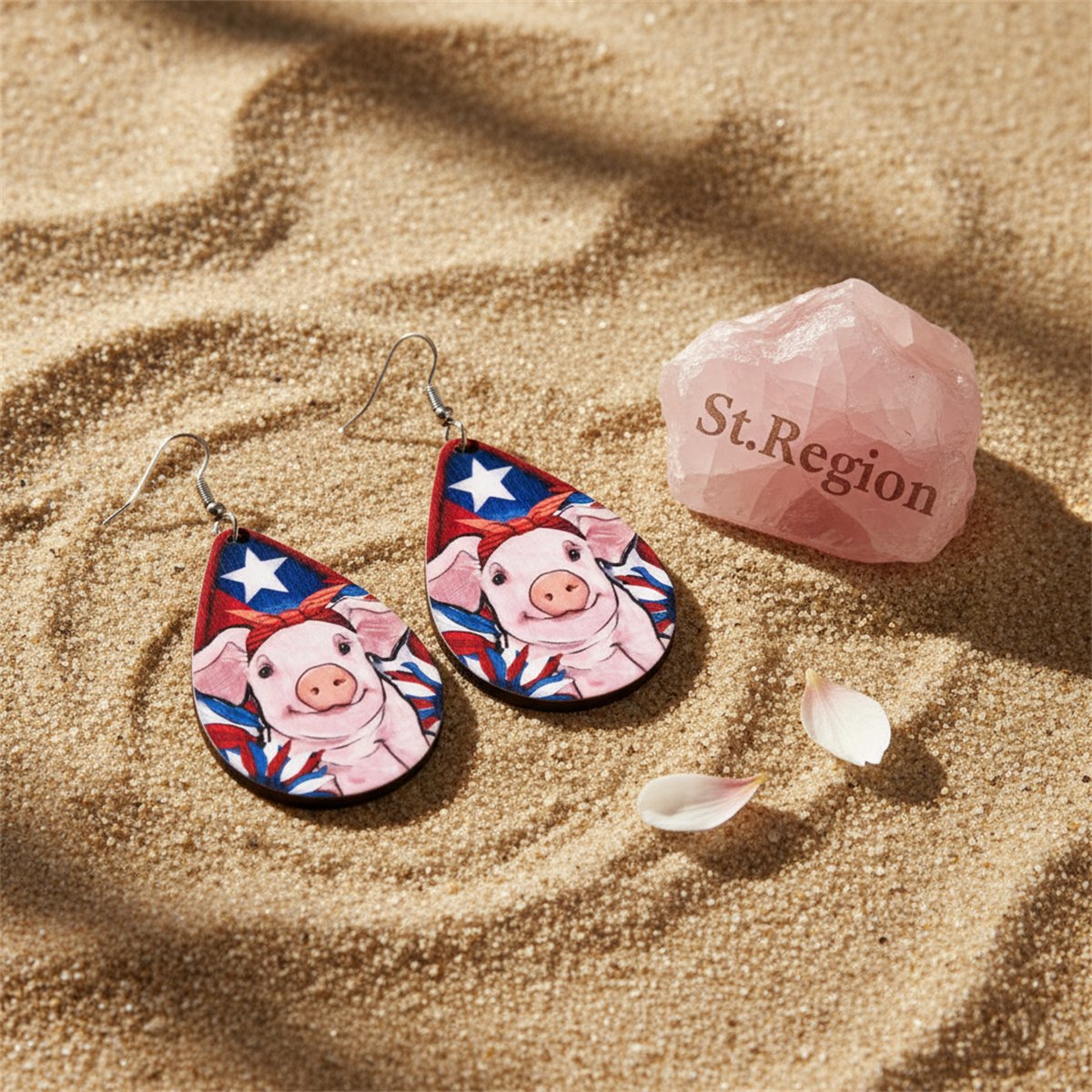 Pink Multicolor Wood and Silver-Plated Pig Drop Earrings, silver drop earrings for women, detail close-up
