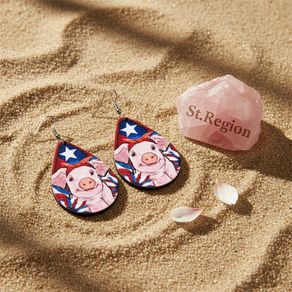 Pink Multicolor Wood and Silver-Plated Pig Drop Earrings, silver drop earrings for women, detail close-up