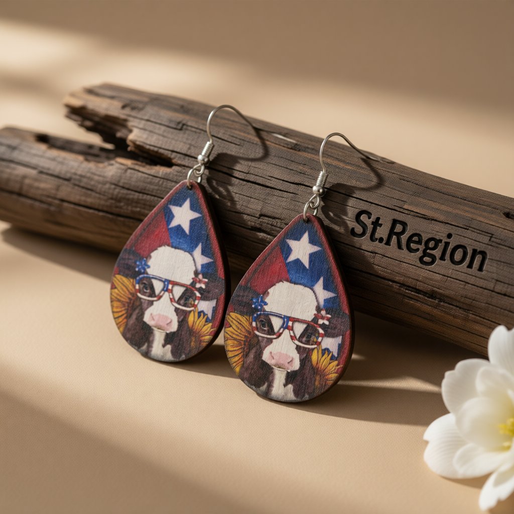 Blue Multicolor Wood and Silver-Plated Cow Drop Earrings, silver drop earrings for women, vintage-inspired design, front view
