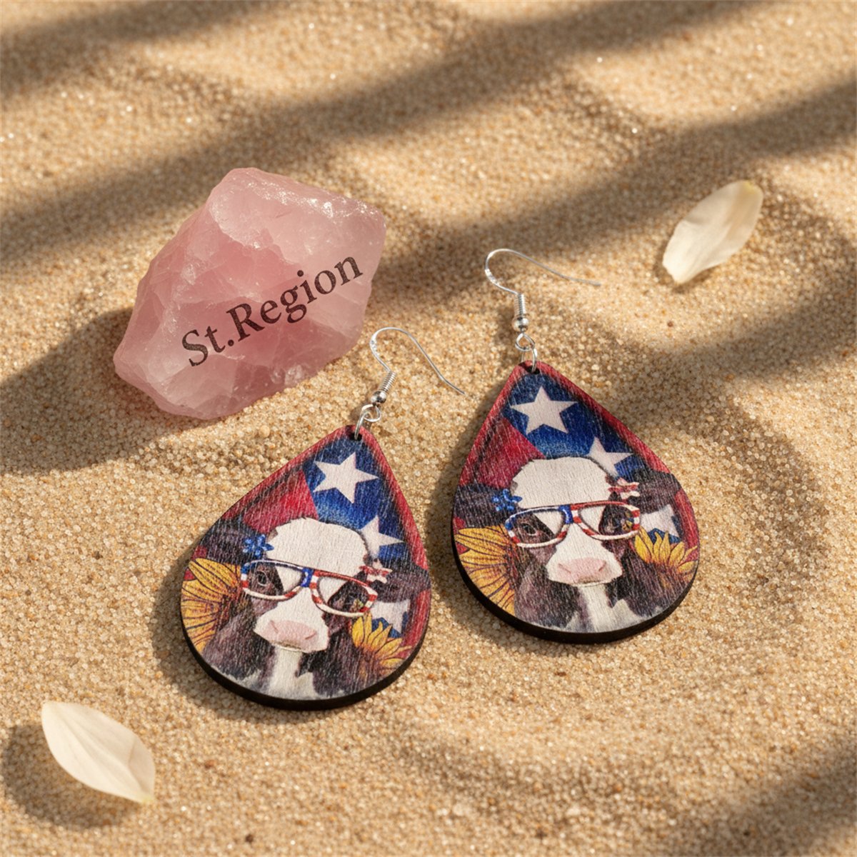Blue Multicolor Wood and Silver-Plated Cow Drop Earrings, silver drop earrings for women, detail close-up