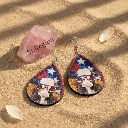 Blue Multicolor Wood and Silver-Plated Cow Drop Earrings, silver drop earrings for women, detail close-up