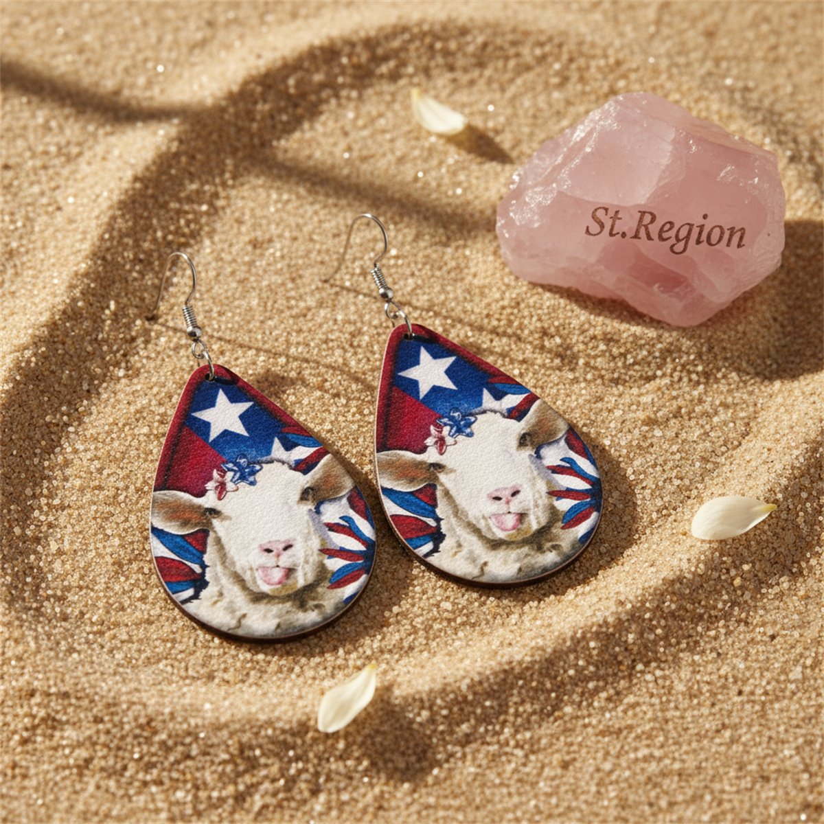 Red and White Stars and Stripes Sheep Teardrop Earrings, drop earrings for women, elegant gift for her, detail close-up