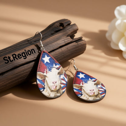 Red and White Stars and Stripes Sheep Teardrop Earrings, drop earrings for women, elegant gift for her, front view