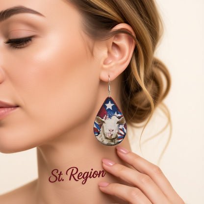 Red and White Stars and Stripes Sheep Teardrop Earrings, drop earrings for women, elegant gift for her, styled look