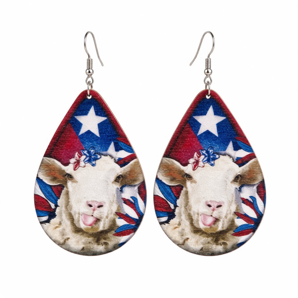 Red and White Stars and Stripes Sheep Teardrop Earrings, drop earrings for women, elegant gift for her, side view