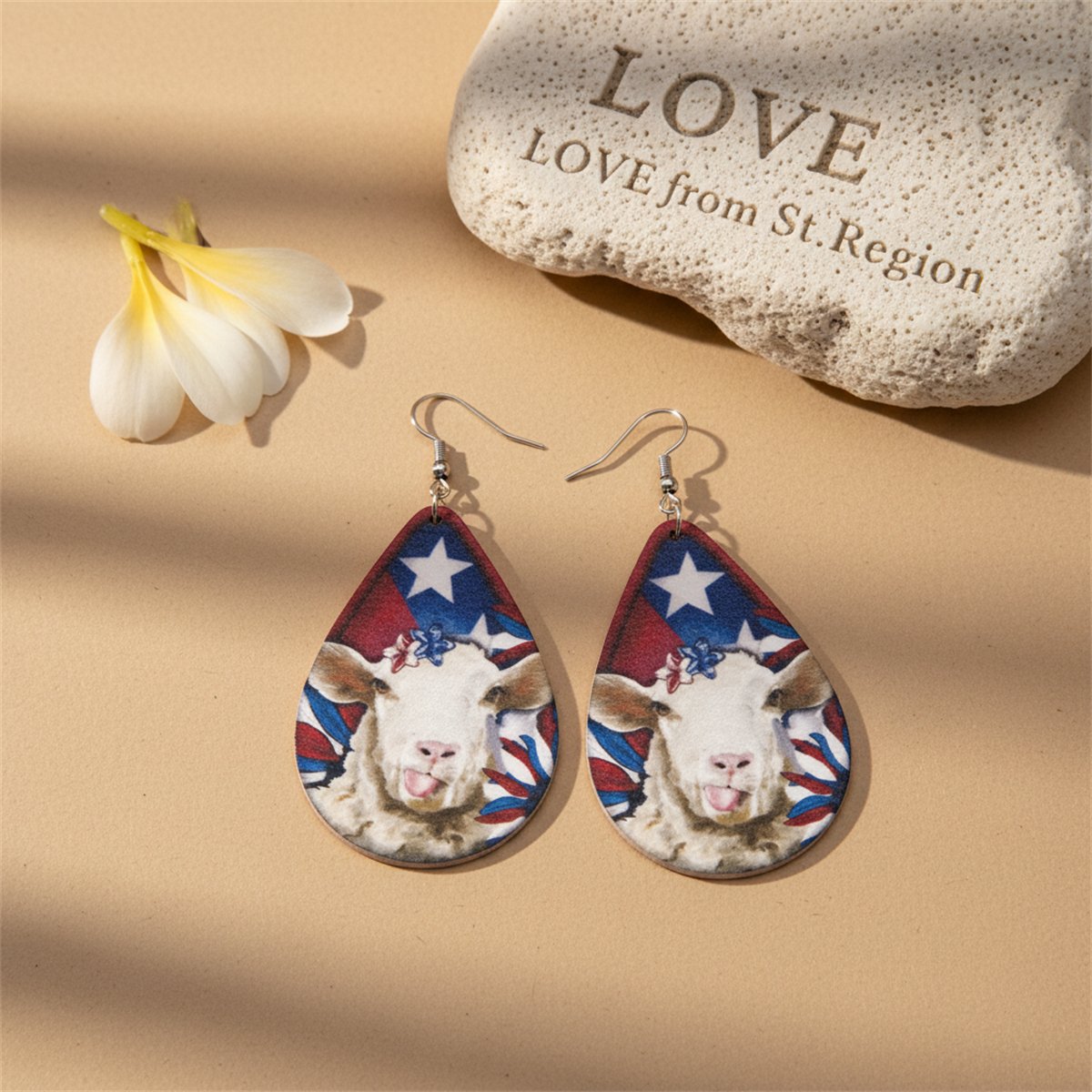 Red and White Stars and Stripes Sheep Teardrop Earrings, drop earrings for women, elegant gift for her, lifestyle look