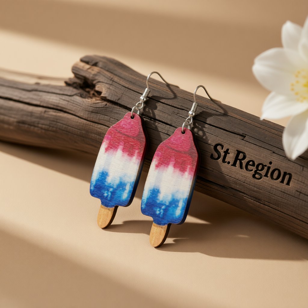 Red Multicolor Wood and Silver-Plated Americana Stick Drop Earrings, silver drop earrings for women, front view