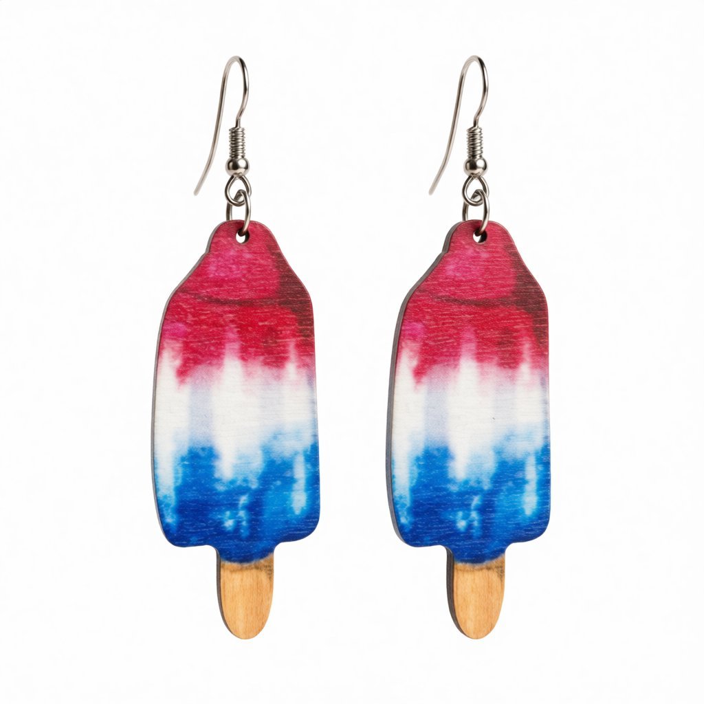 Red Multicolor Wood and Silver-Plated Americana Stick Drop Earrings, silver drop earrings for women, side view
