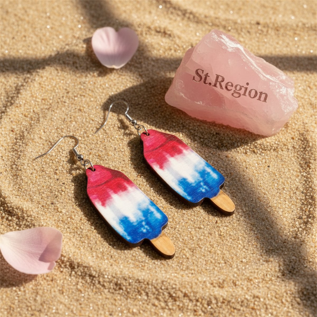 Red Multicolor Wood and Silver-Plated Americana Stick Drop Earrings, silver drop earrings for women, detail close-up