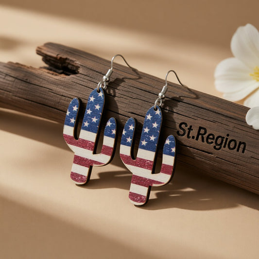 Red Multicolor Wood and Silver-Plated Americana Cactus Drop Earrings, silver drop earrings for women, front view