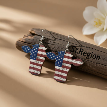 Red and Blue Stars and Stripes Cow Drop Earrings, drop earrings for women, botanical inspired, front view