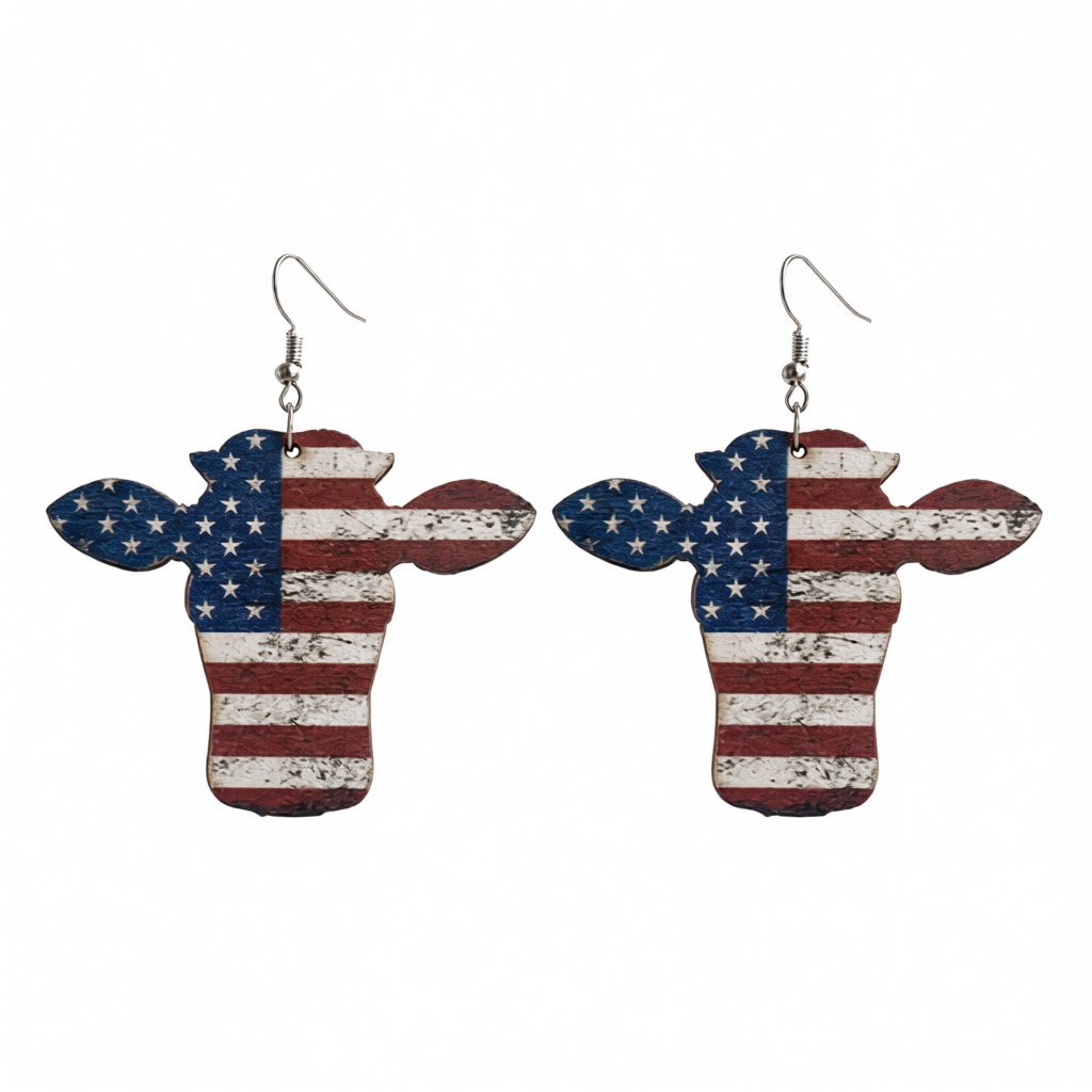 Red and Blue Stars and Stripes Cow Drop Earrings, drop earrings for women, botanical inspired, side view