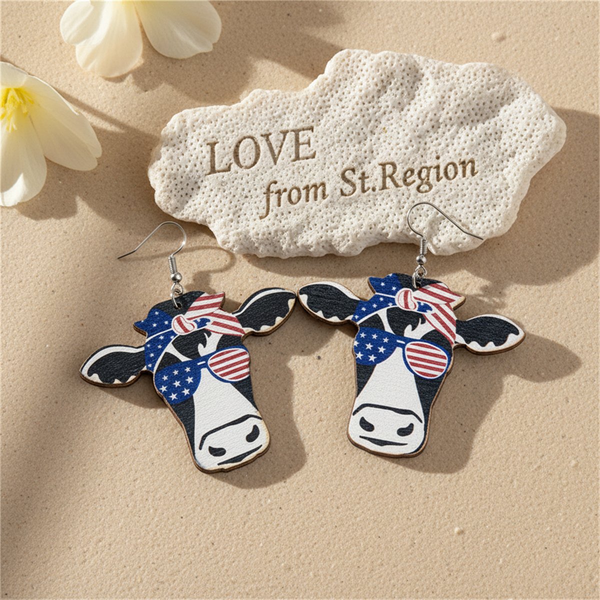 Blue Multicolor Wood and Silver-Plated Americana Cow Drop Earrings, silver drop earrings for women, lifestyle look