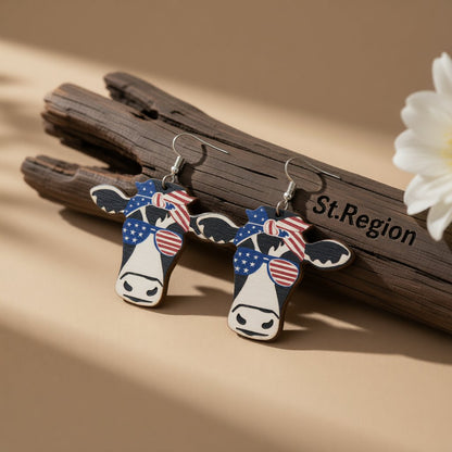 Blue Multicolor Wood and Silver-Plated Americana Cow Drop Earrings, silver drop earrings for women, front view