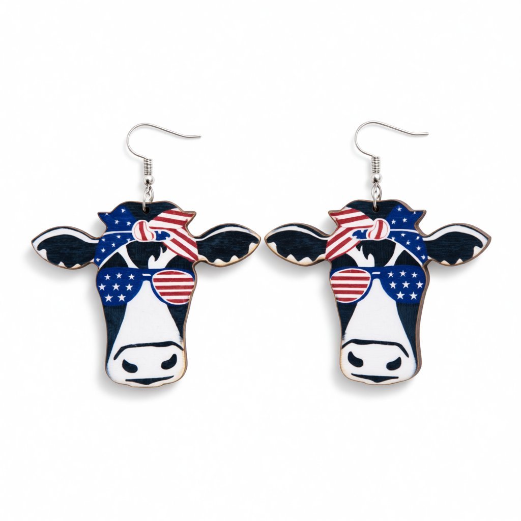 Blue Multicolor Wood and Silver-Plated Americana Cow Drop Earrings, silver drop earrings for women, side view