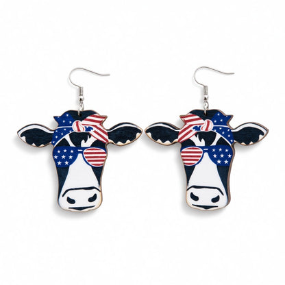 Blue Multicolor Wood and Silver-Plated Americana Cow Drop Earrings, silver drop earrings for women, side view