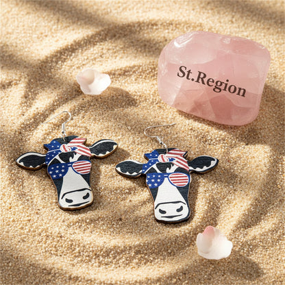 Blue Multicolor Wood and Silver-Plated Americana Cow Drop Earrings, silver drop earrings for women, detail close-up