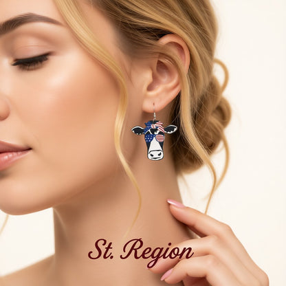 Blue Multicolor Wood and Silver-Plated Americana Cow Drop Earrings, silver drop earrings for women, styled look