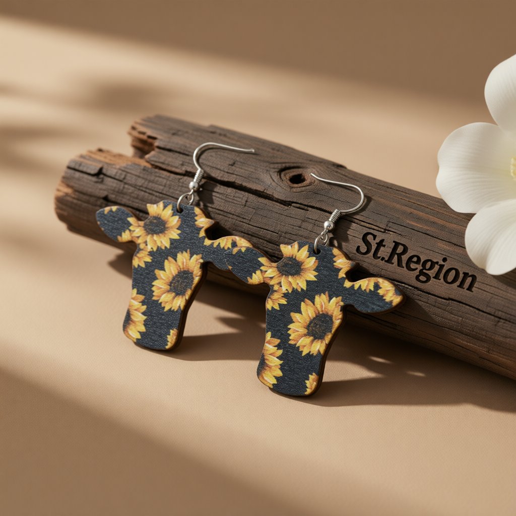 Black and Yellow Sunflower Cow Wood Drop Earrings, drop earrings for women, vintage-inspired design, front view