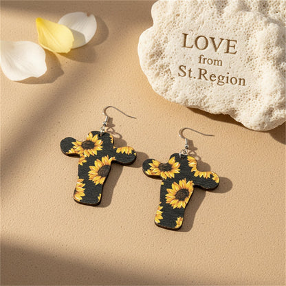Black and Yellow Sunflower Cow Wood Drop Earrings, drop earrings for women, vintage-inspired design, lifestyle look