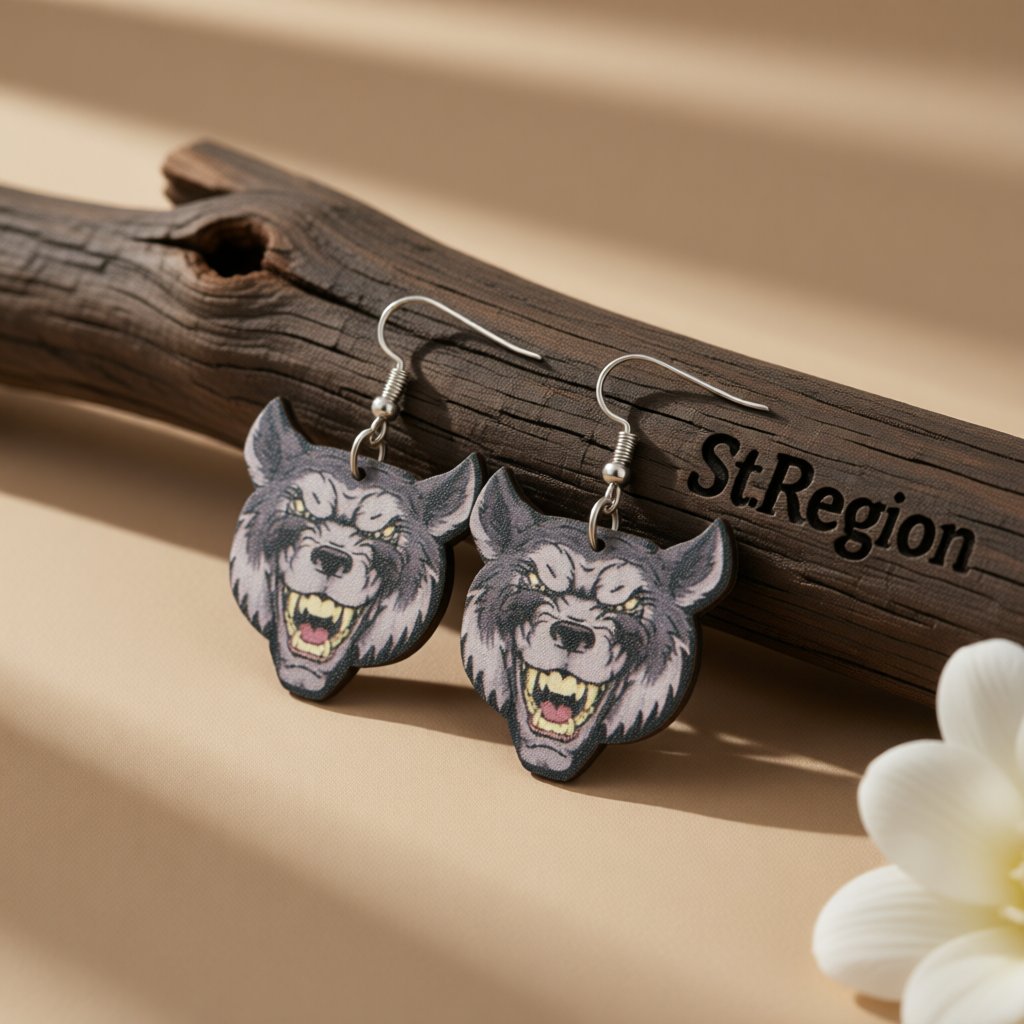 Gray Wood and Silver-Plated Wolf Drop Earrings, silver drop earrings for women, botanical inspired, front view