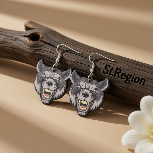Gray Wood and Silver-Plated Wolf Drop Earrings, silver drop earrings for women, botanical inspired, front view