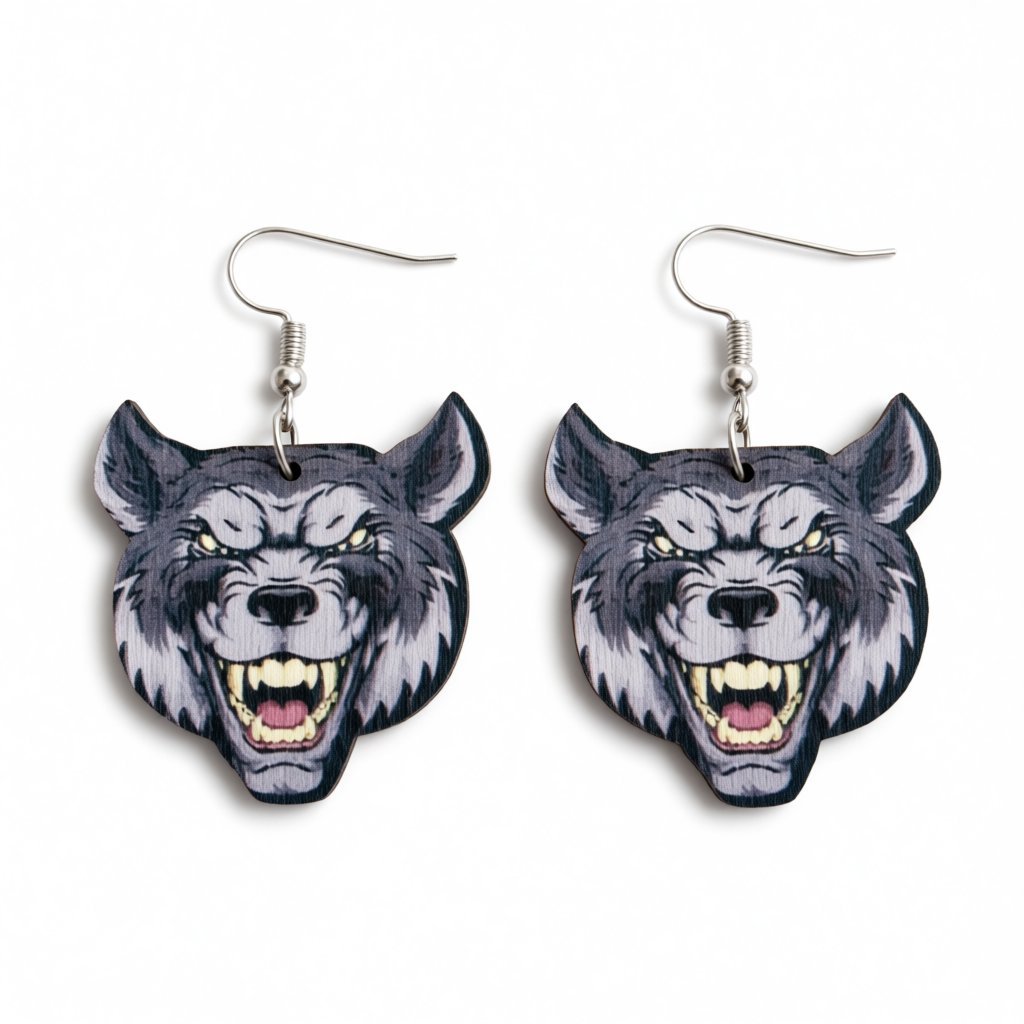Gray Wood and Silver-Plated Wolf Drop Earrings, silver drop earrings for women, botanical inspired, side view