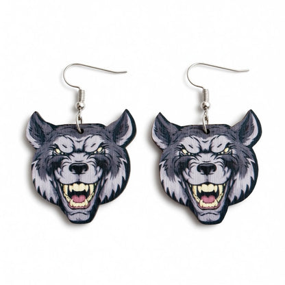 Gray Wood and Silver-Plated Wolf Drop Earrings, silver drop earrings for women, botanical inspired, side view