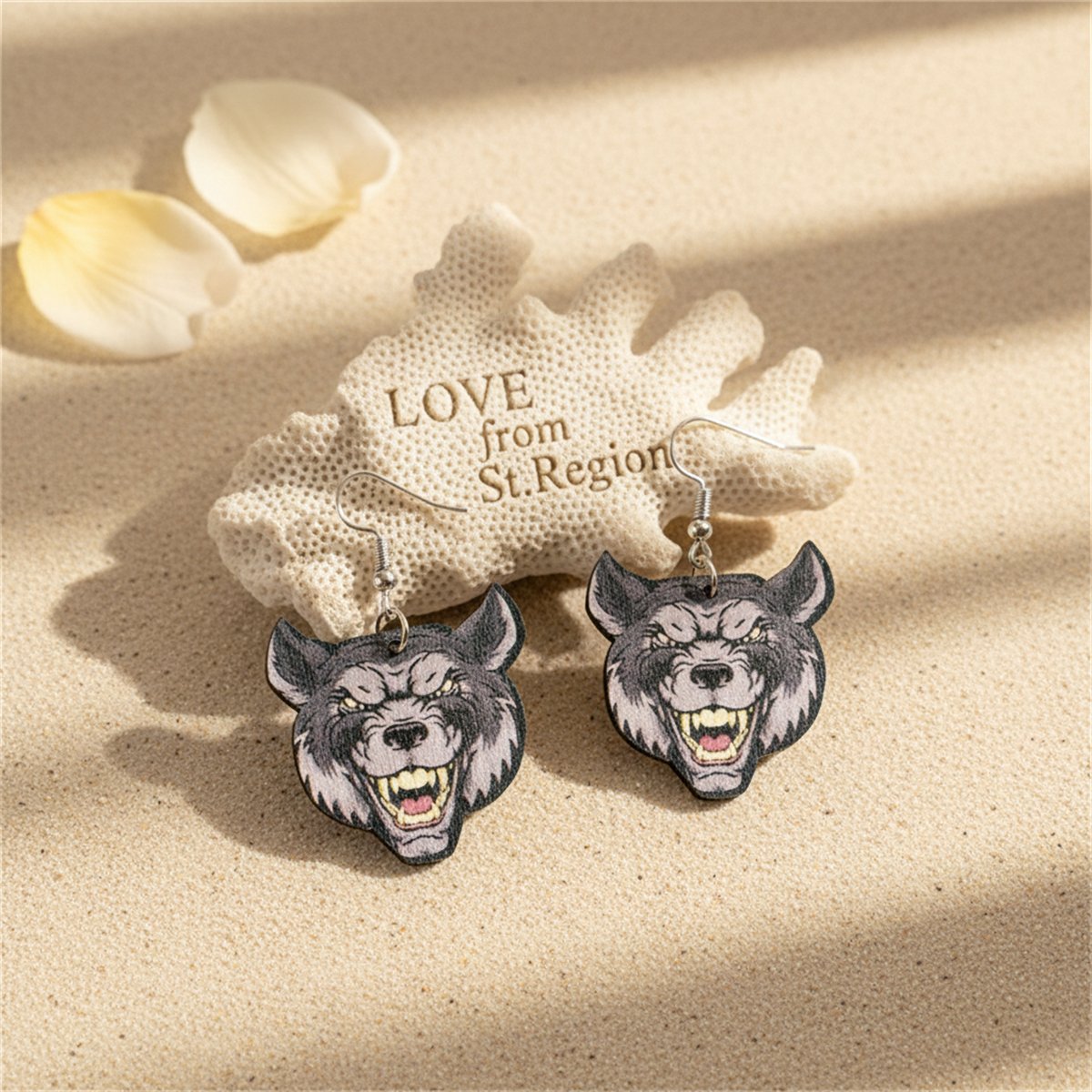 Gray Wood and Silver-Plated Wolf Drop Earrings, silver drop earrings for women, botanical inspired, lifestyle look