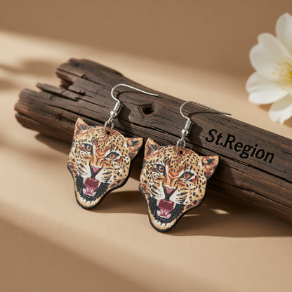 Orange Wood and Silver-Plated Leopard Drop Earrings, silver drop earrings for women, everyday style, front view