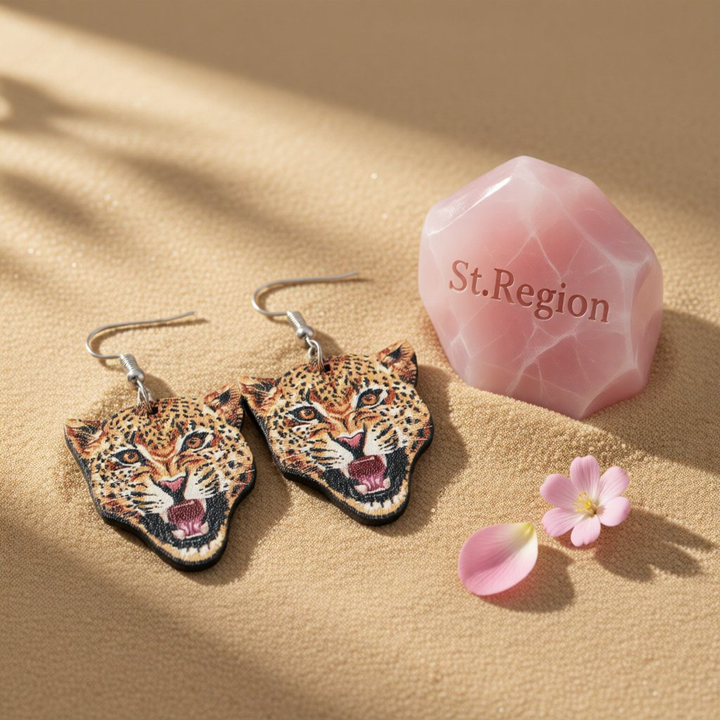 Orange Wood and Silver-Plated Leopard Drop Earrings, silver drop earrings for women, everyday style, detail close-up