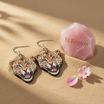 Orange Wood and Silver-Plated Leopard Drop Earrings, silver drop earrings for women, everyday style, detail close-up