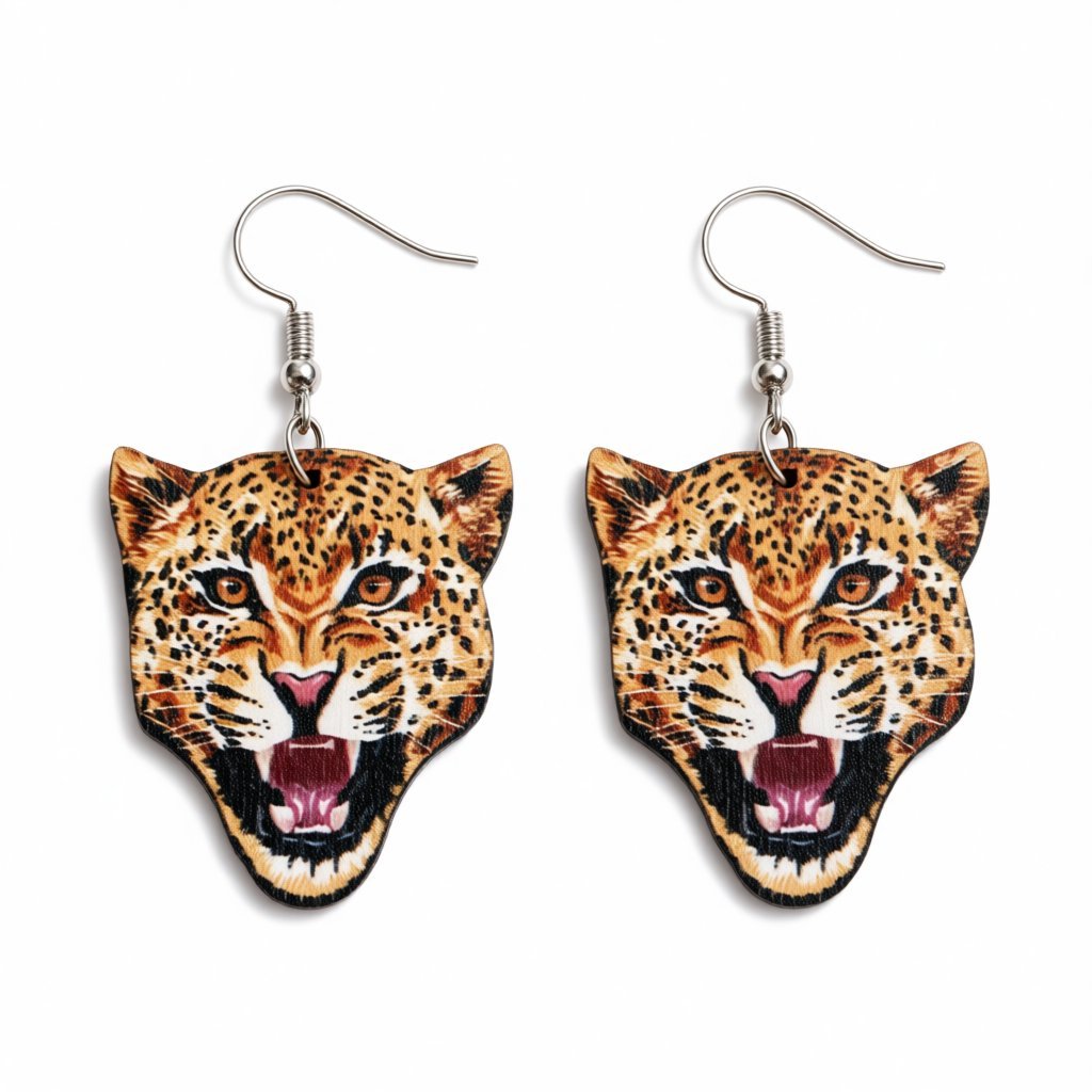 Orange Wood and Silver-Plated Leopard Drop Earrings, silver drop earrings for women, everyday style, side view