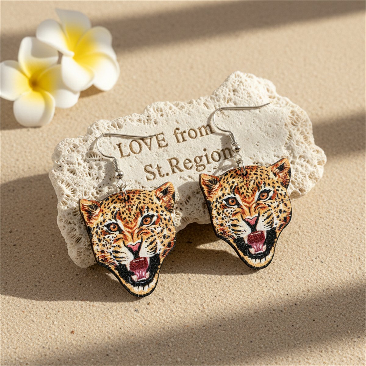 Orange Wood and Silver-Plated Leopard Drop Earrings, silver drop earrings for women, everyday style, lifestyle look