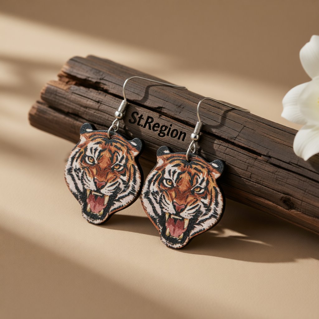 Orange Wood and Silver-Plated Tiger Drop Earrings, silver drop earrings for women, dainty minimalist design, front view