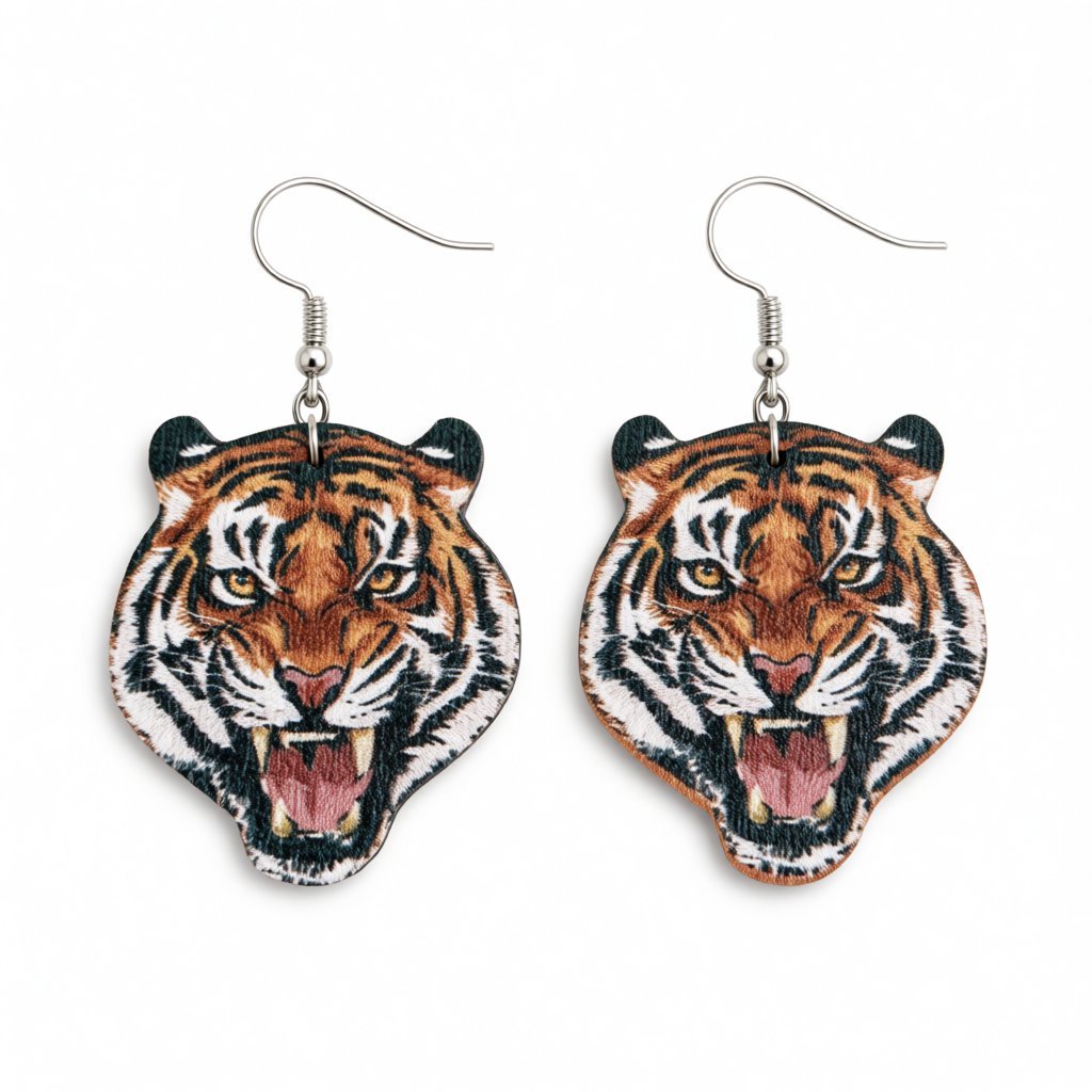 Orange Wood and Silver-Plated Tiger Drop Earrings, silver drop earrings for women, dainty minimalist design, side view