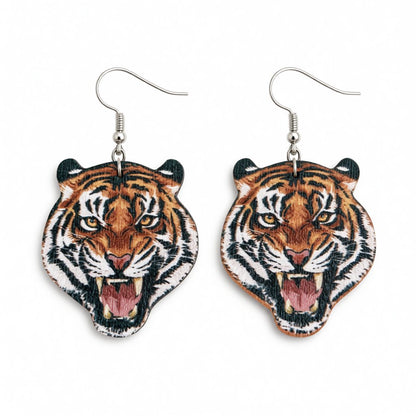 Orange Wood and Silver-Plated Tiger Drop Earrings, silver drop earrings for women, dainty minimalist design, side view