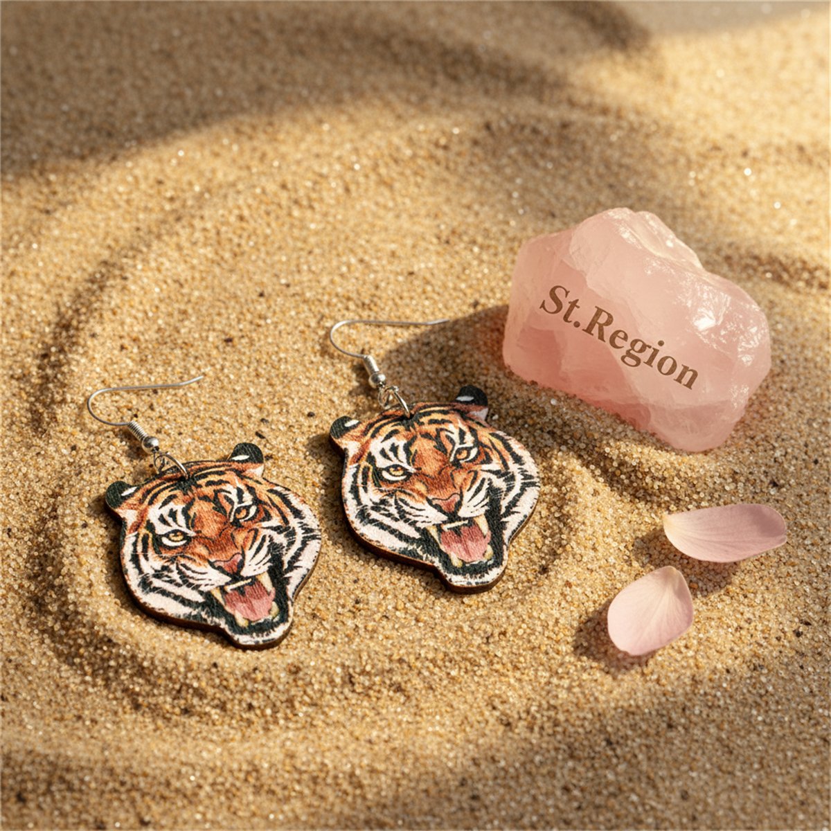 Orange Wood and Silver-Plated Tiger Drop Earrings, silver drop earrings for women, dainty minimalist design, detail close-up