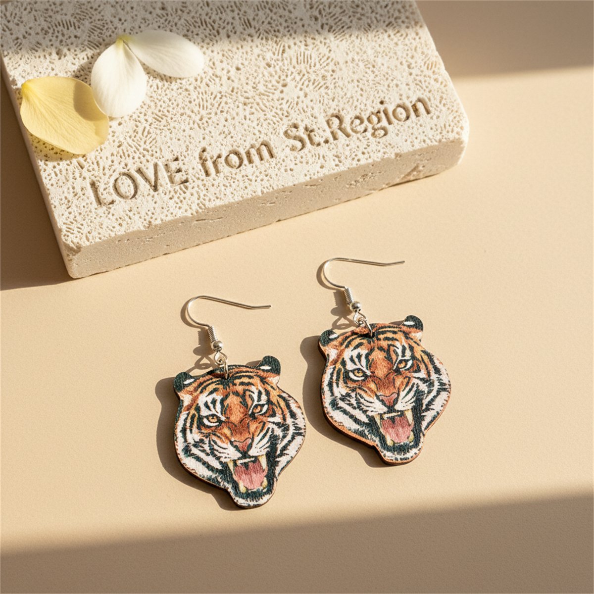 Orange Wood and Silver-Plated Tiger Drop Earrings, silver drop earrings for women, dainty minimalist design, lifestyle look