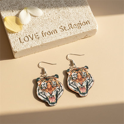 Orange Wood and Silver-Plated Tiger Drop Earrings, silver drop earrings for women, dainty minimalist design, lifestyle look